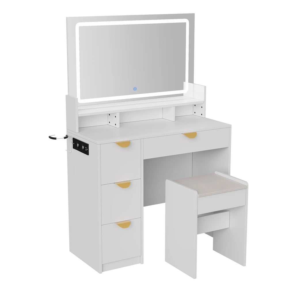 Make-up Tafel - 3-Kleurig Aanpasbaar LED Spiegel - Wit + USB Oplaadpoort - 90x40x140cm