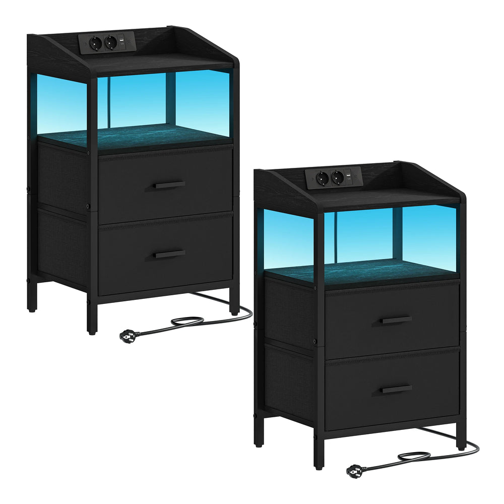 Bedside Table set of 2, with LED Lights and Charging Station, Side Table with 2 Fabric Drawers and Shelves, White