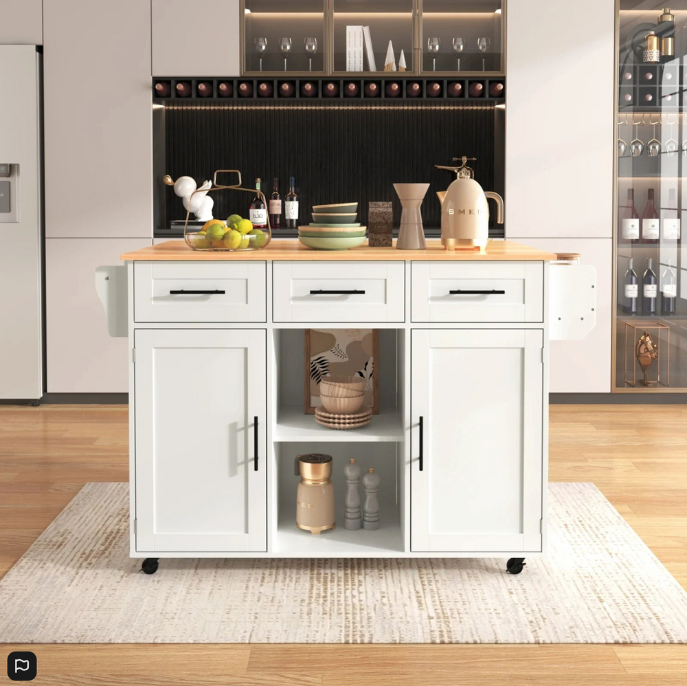 Houten Sideboard - Wit + Houten Werkblad - Opvouwbare Uitbreiding