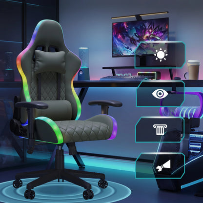 Gamingstoel met RGB LED-verlichting, Lumbar Massage en 90-135° aanpasbare rugleuning