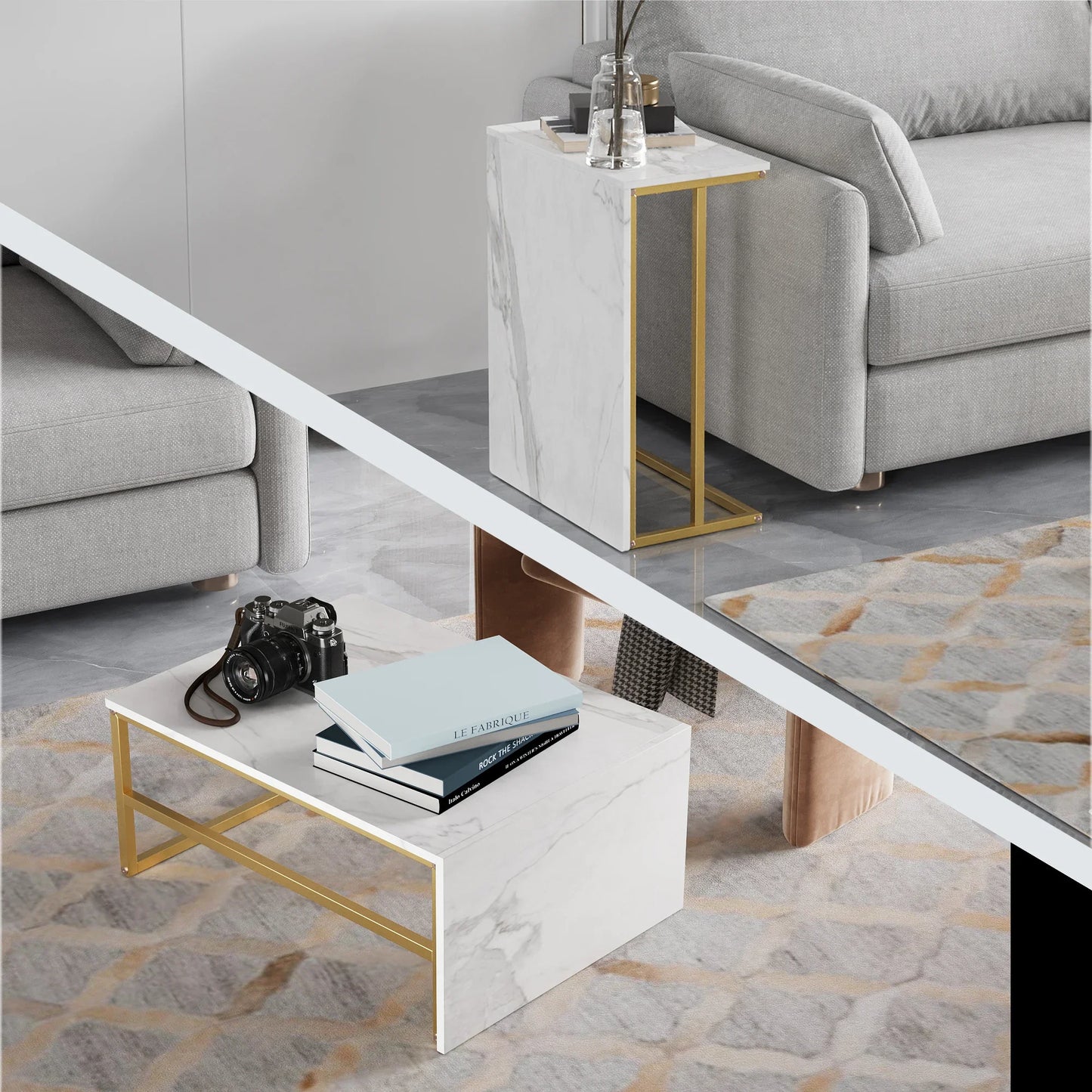 Salontafel - 2-delig - wit tafelblad - Goud - Metalen Frame