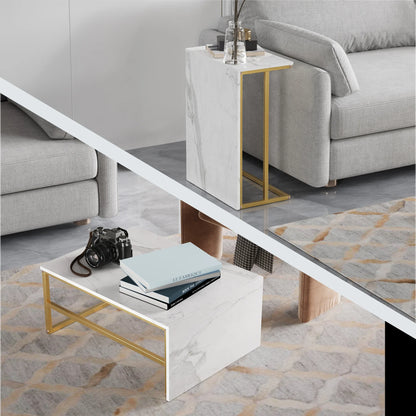 Salontafel - 2-delig - wit tafelblad - Goud - Metalen Frame