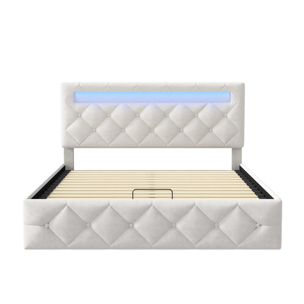 Gestoffeerd Bedframe met LED-verlichting & Hydraulische Opbergruimte - 140 × 200 cm
