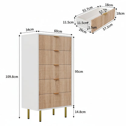 Moderne Ladekast met 5 Laden – Wit & Houtlook- Gouden Details