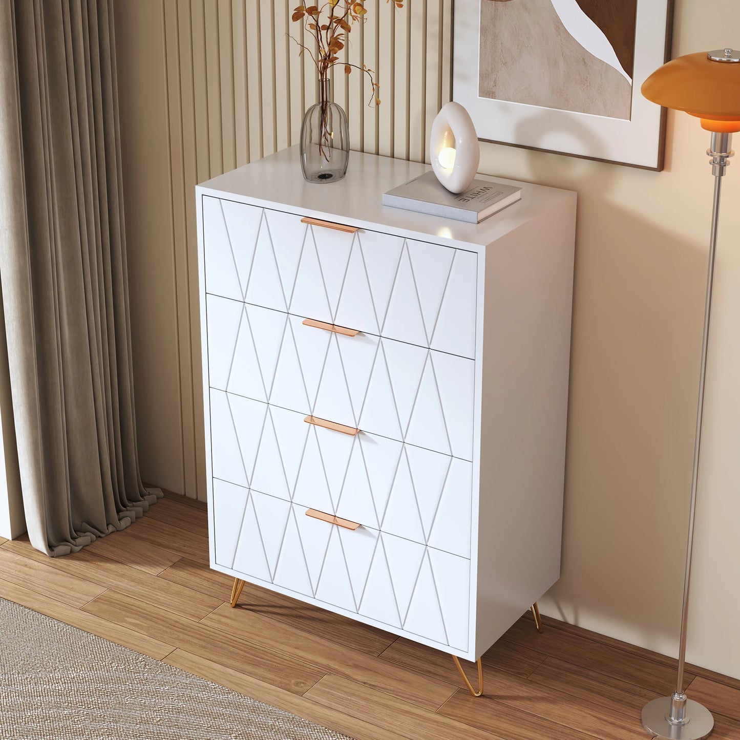 Houten Ladekast - 4 Laden - Witte Houtlook, 60 × 34 × 90 cm