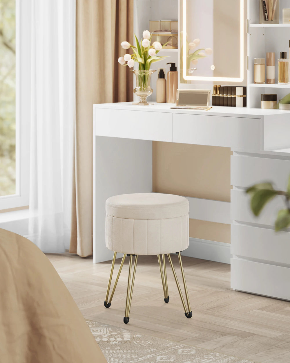 SONGMICS Seat stool stool (dressing table stool, velvet make-up stool), 4 metal legs, for dressing room, living room, Bedroom