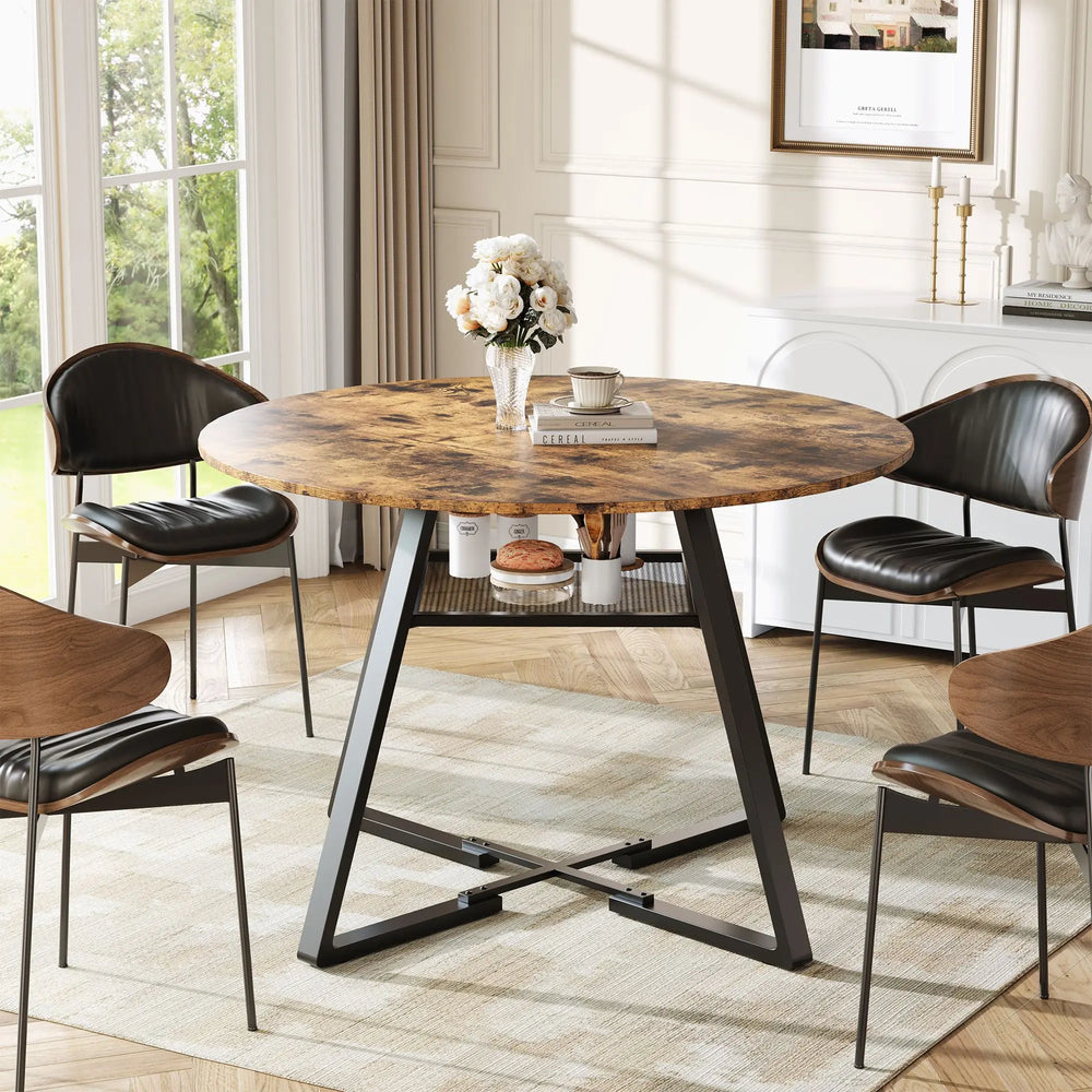 Ronde Eettafel - Houtlook Tafelblad - Zwart Metalen Frame