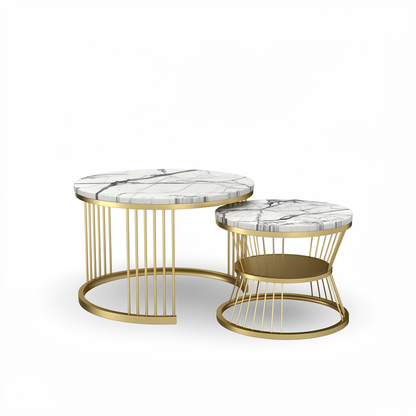 Salontafel set - Rond - Marmerlook - Wit/Goud
