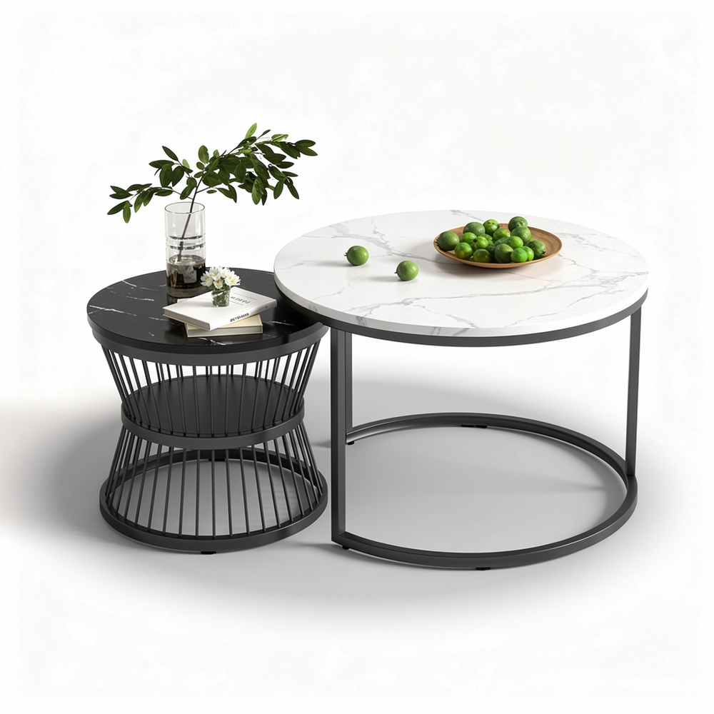 Salontafel - Wit Tafelblad - Zwarte Metalen Frame - Marmeren Patroon
