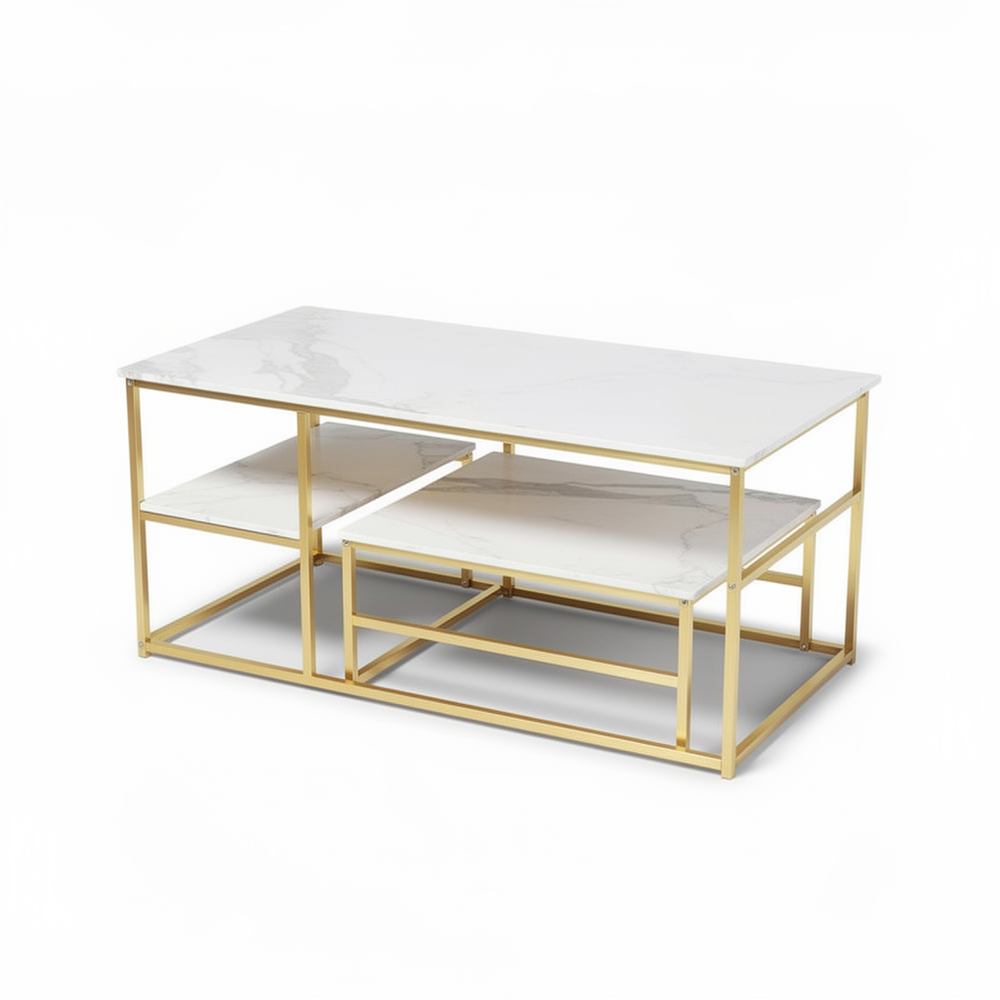Salontafel - 2-delig - wit tafelblad - Goud - Metalen Frame