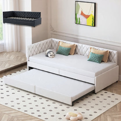 Velours Slaapbank - Uitschuifbaar, Inclusief 12 cm Matras - Grijs/Wit, 200 × 96 cm