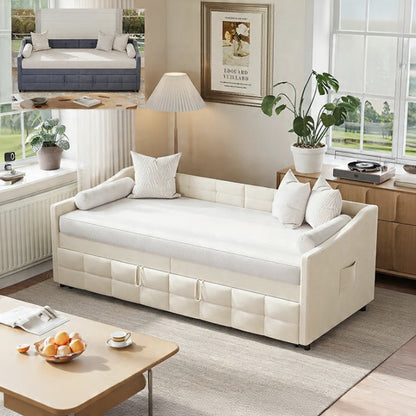 Slaapbank - 90 × 200 cm - Grijs, Modern Design met Uitschuiffunctie