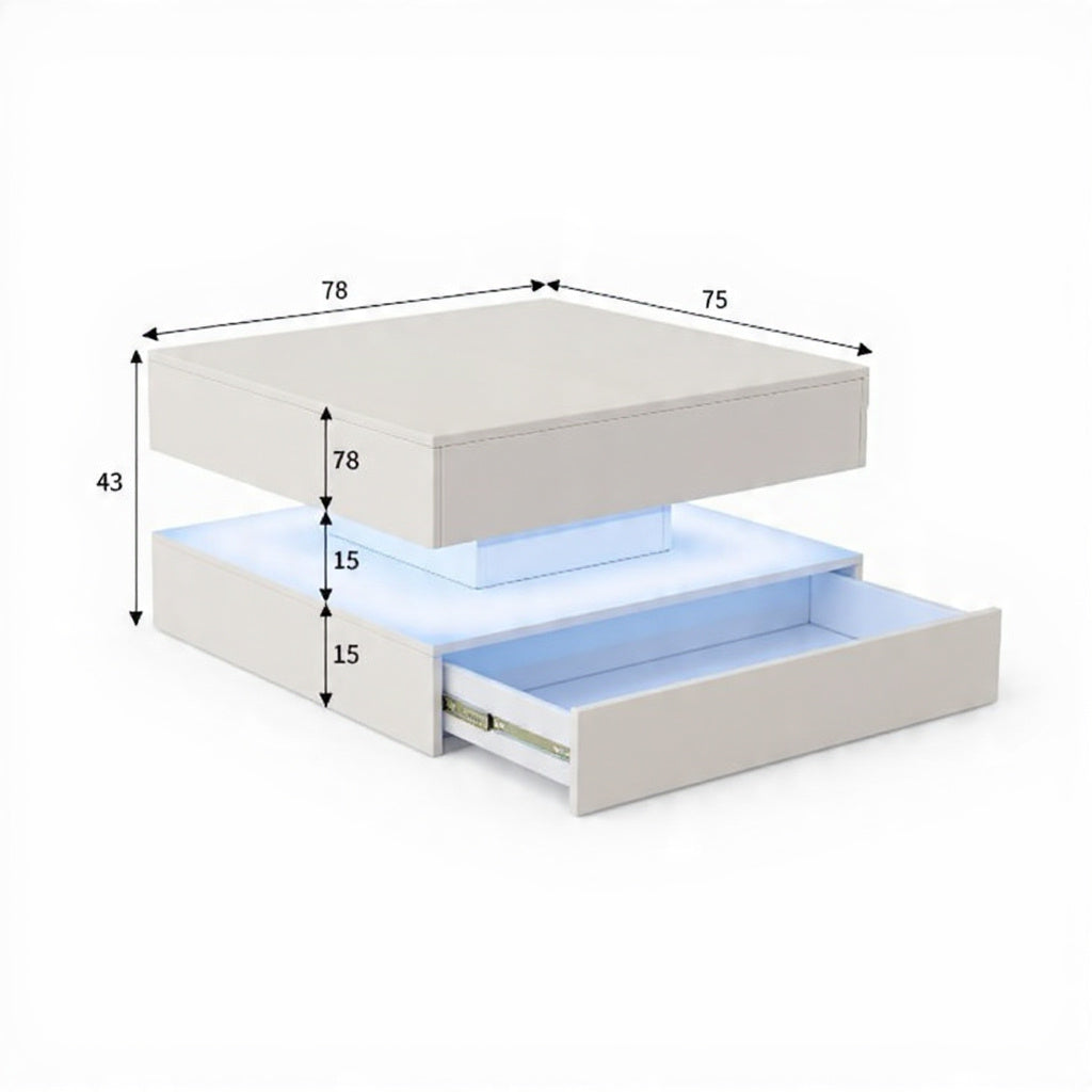 Hoogglans Salontafel - RGB LED-verlichting, Opbergladen, 60 × 60 cm, Wit/Zwart